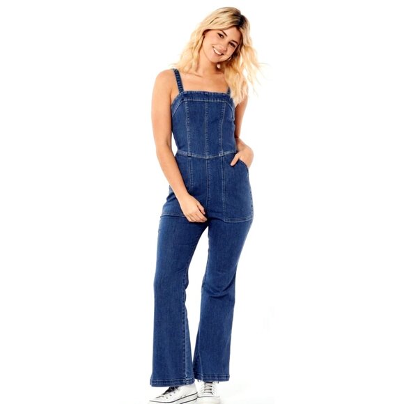 Hollister Denim Corset Style Removable Straps Wide Leg Jumpsuit with Pockets XXS - Picture 1 of 8